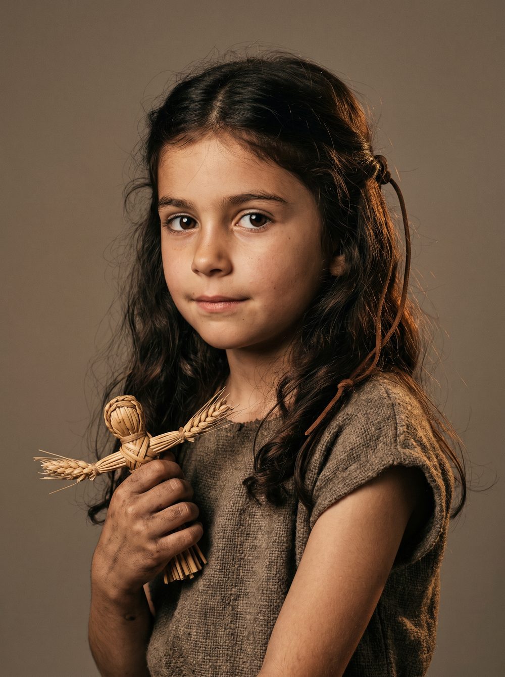Aurelia — a Roman farm girl of seven holding a woven wheat-stalk doll.