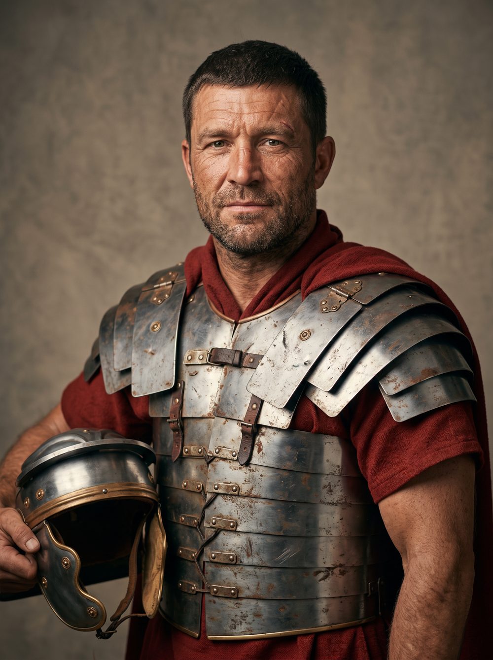 Marcus Varro — a weathered Roman legionary in dented segmented armor, helmet under one arm.