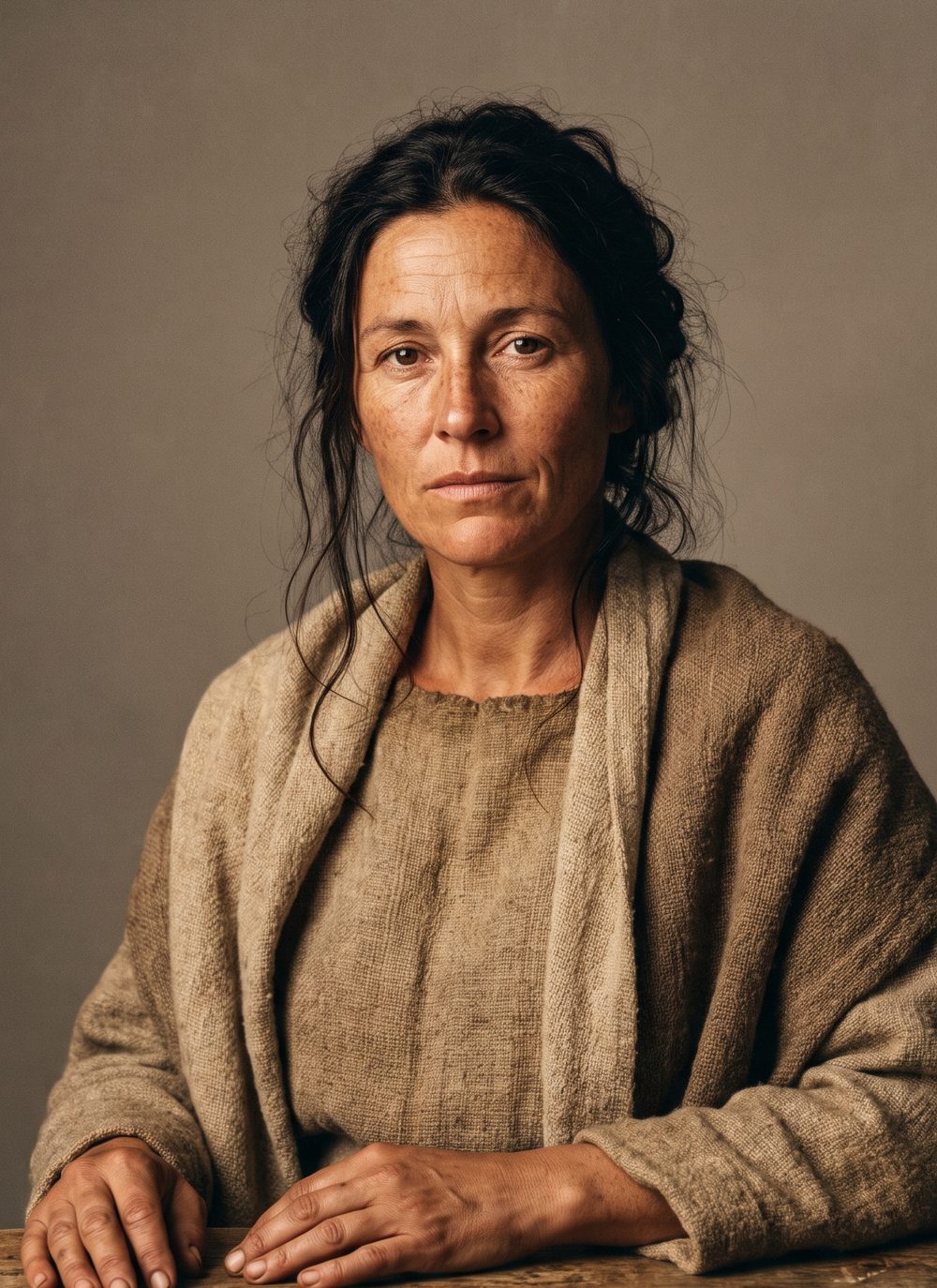 Sabina Varro — a Roman farmwife with dark pinned hair and a steady warm gaze.