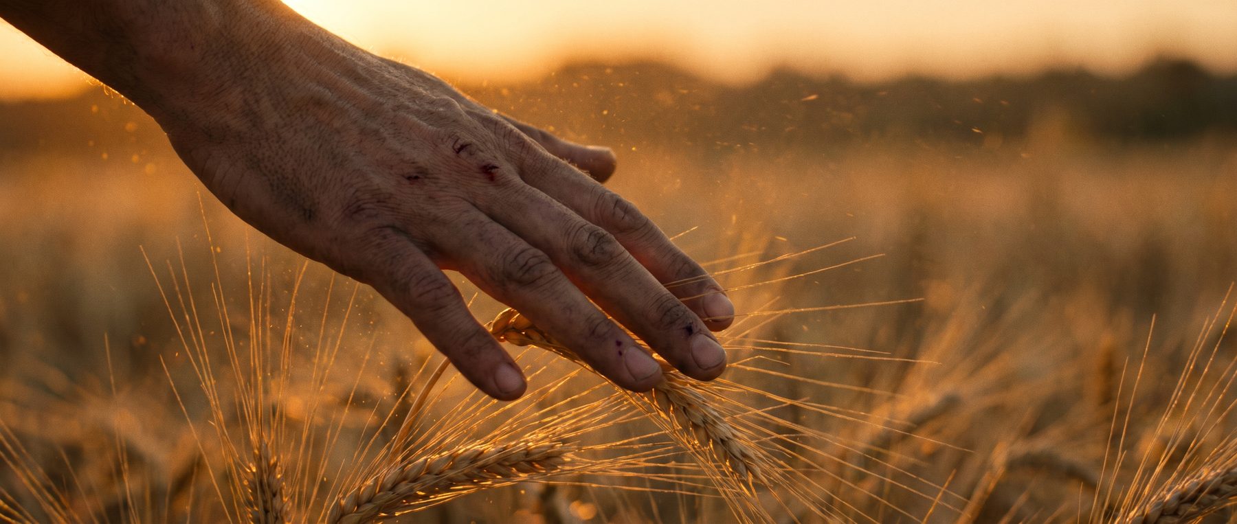 A battle-scarred hand gliding over the golden tops of ripe wheat, seed dust rising.