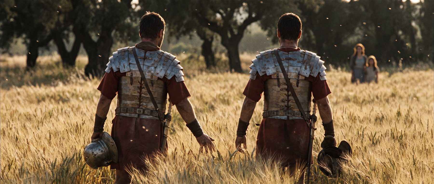 A legionary walking through golden wheat, helmet in hand, toward two distant figures at the tree line.