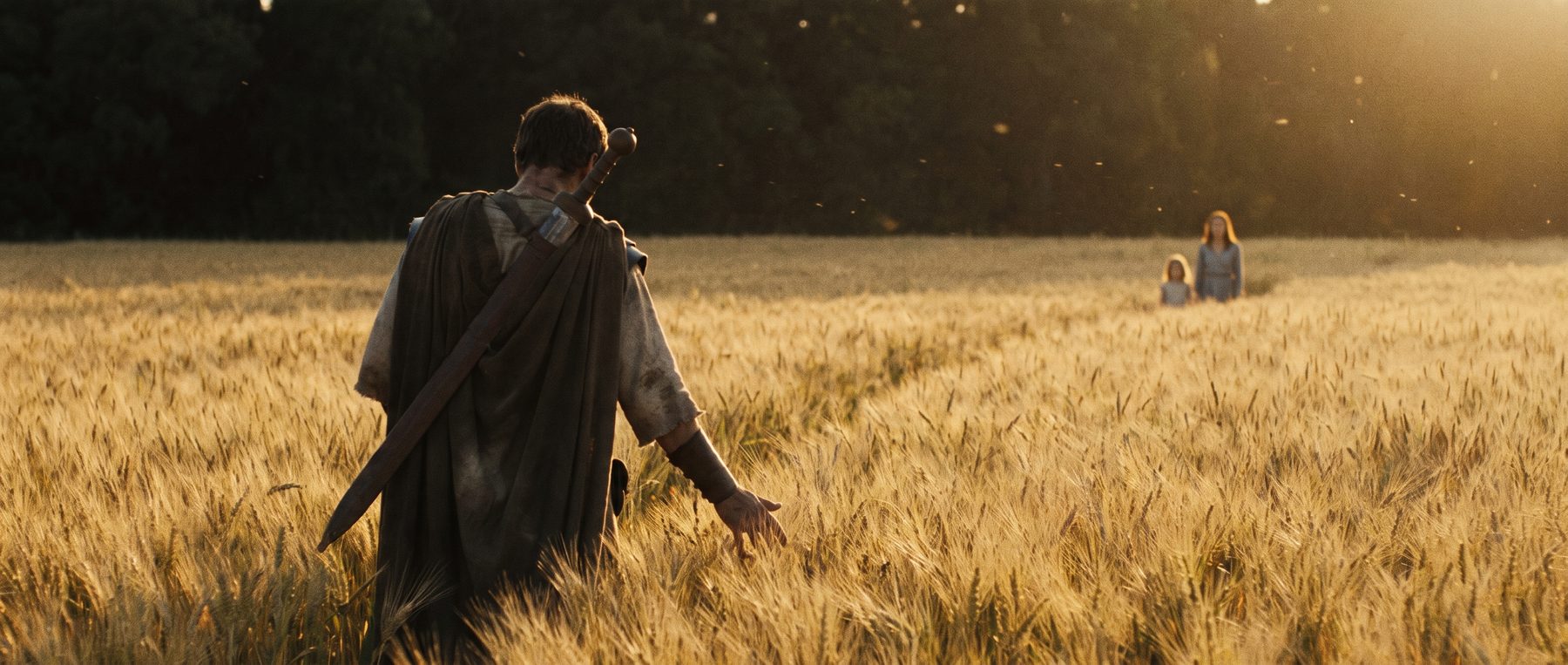 The soldier from behind, hand outstretched over the wheat, two small figures far ahead.