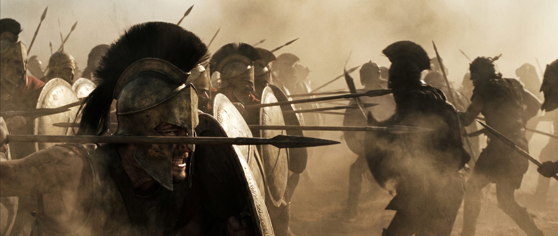 Greek hoplite phalanx in dust.