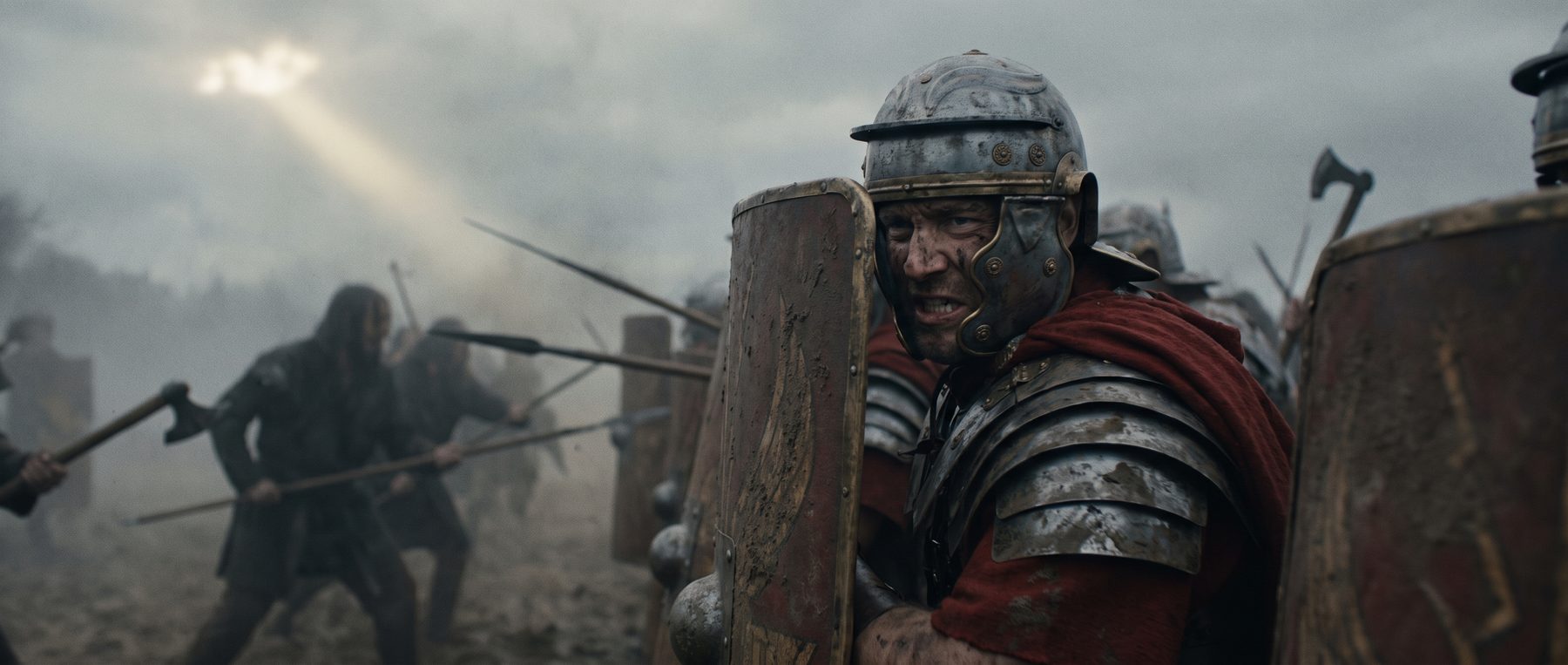 A Roman shield wall buckling under a charge in dust and smoke.